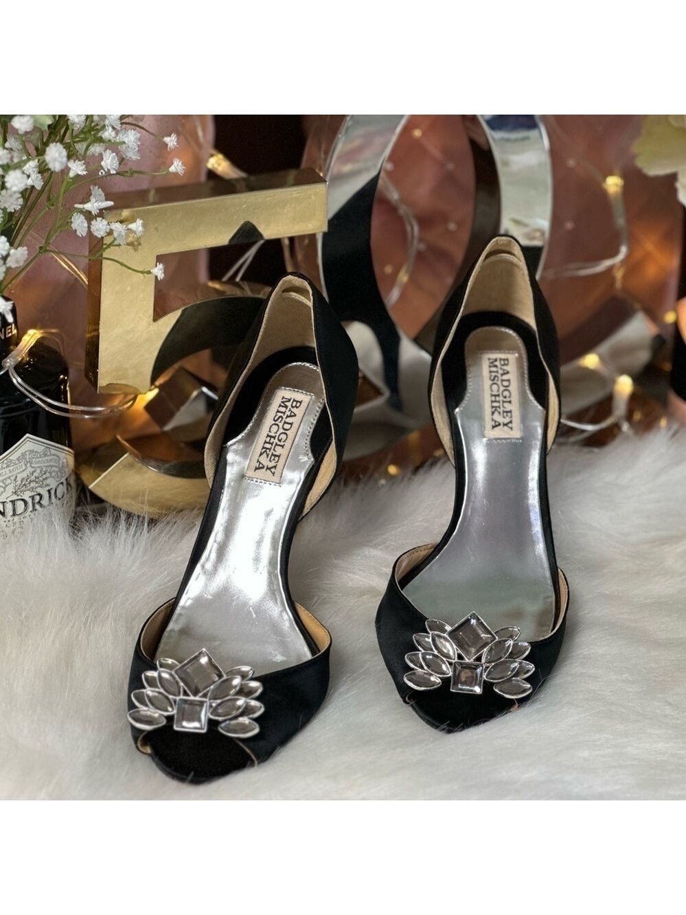 BADGLEY MISCHKA BLACK SATIN D’ORSAY OPEN TOE RHINESTONE EMBELLISHED HEELS 6.5M - Picture 2 of 9